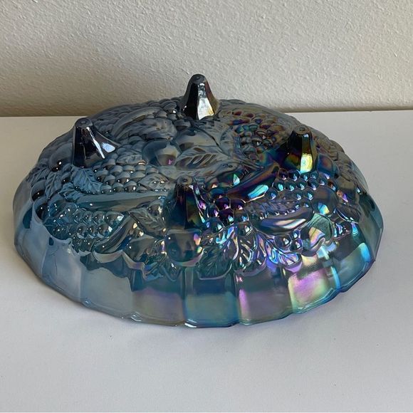 Vintage Indiana Glass Iridescent Blue Harvest Grape Footed Fruit Bowl 12 3/8” - Picture 11 of 12